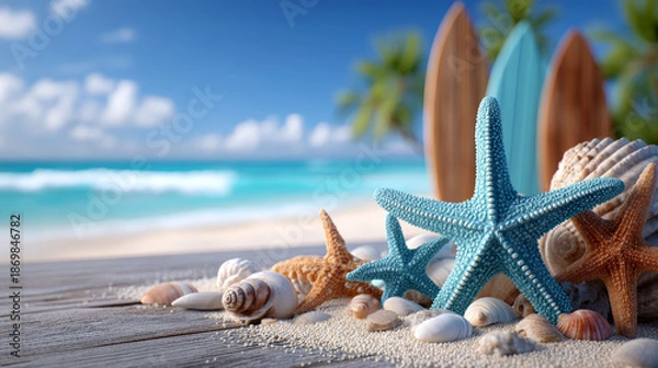 Obraz Blue surfboard and beach shells