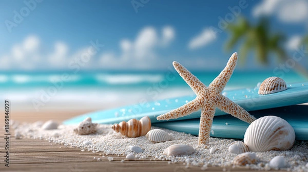 Obraz Blue surfboard and beach shells