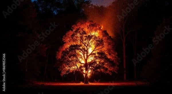Obraz Burning tree in dark forest radiates light