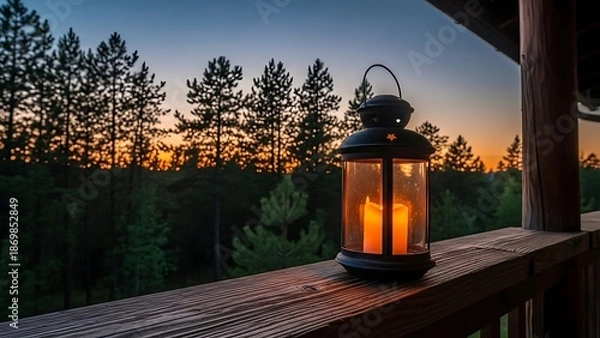 Obraz Lantern on Wooden Deck at Sunset