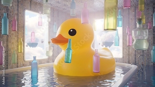 Obraz Whimsical Bath Time with Floating Bottles