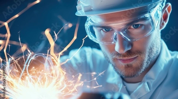 Obraz Spark Engineer analyzing electrical sparks in a high tech experimental lab.