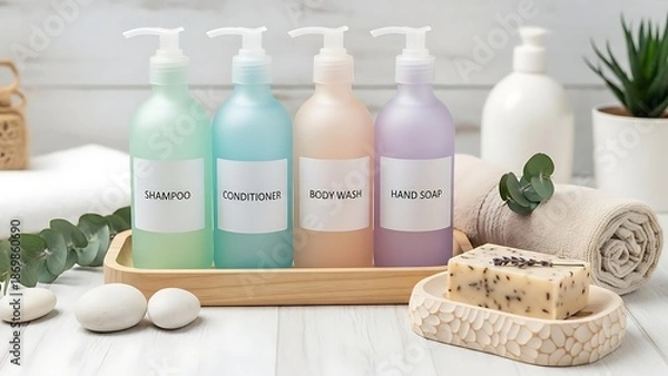 Obraz Bathroom Essentials Shampoo, Conditioner, Soap