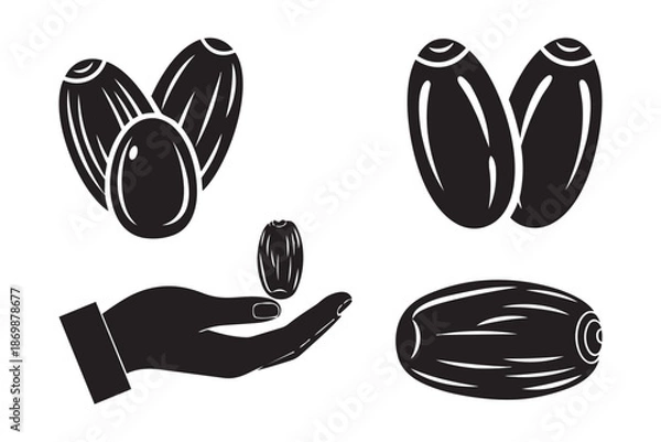 Obraz Dried date fruit silhouettes and hand holding single date piece vector illustration elements
