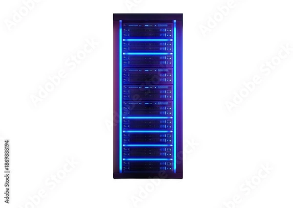 Obraz Blue-lit server rack on black, data storage and processing