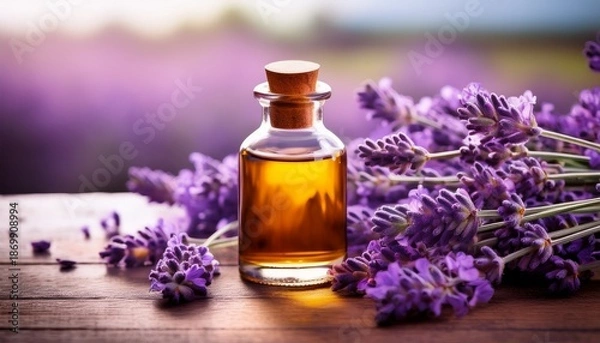 Obraz Lavender Essential Oil Bottle With Flowers Aromatherapy Image