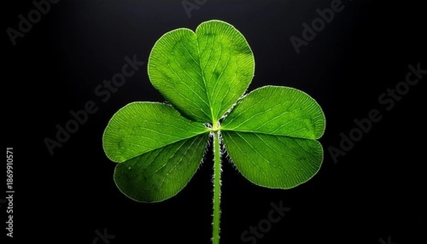 Obraz Single Green Shamrock Leaf Against Black Background