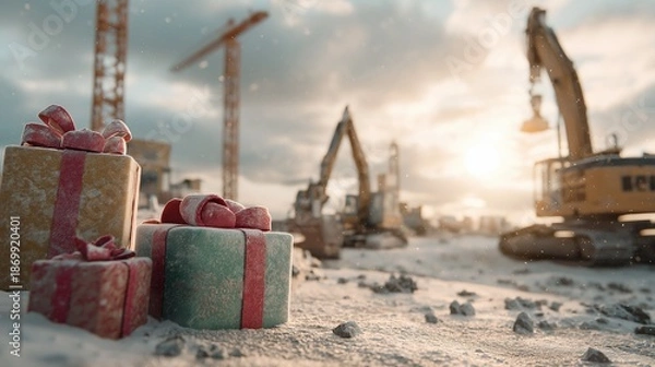 Obraz Gift boxes on snowy construction site at sunset