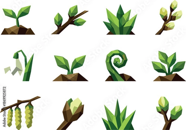 Obraz Spring Greenery Icons. Low-poly vector icon set for first spring greenery and budding plants, featuring angular polygonal geometry