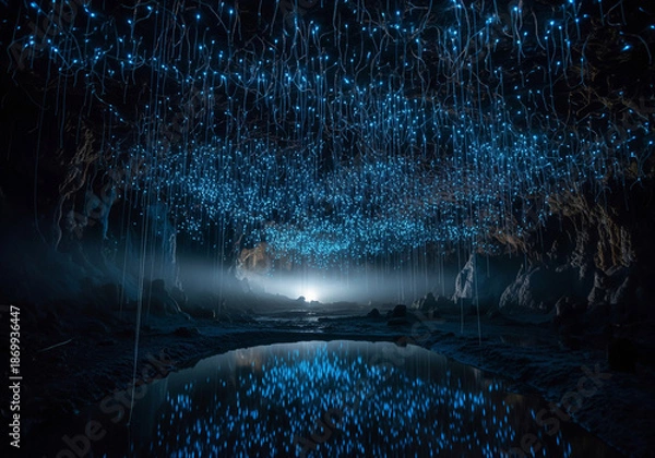 Obraz Glow worms hanging from dark cave ceiling like blue starry strings.