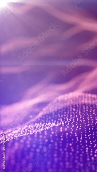 Obraz Soft-focus violet background with glowing particles forming undulating waveforms under sunlight