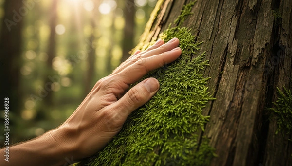 Obraz Hand touching moss-covered tree trunk in a forest  