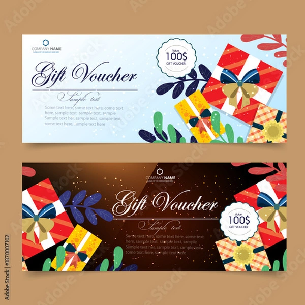 Obraz Gift Voucher Template with Present Box & Calligraphy