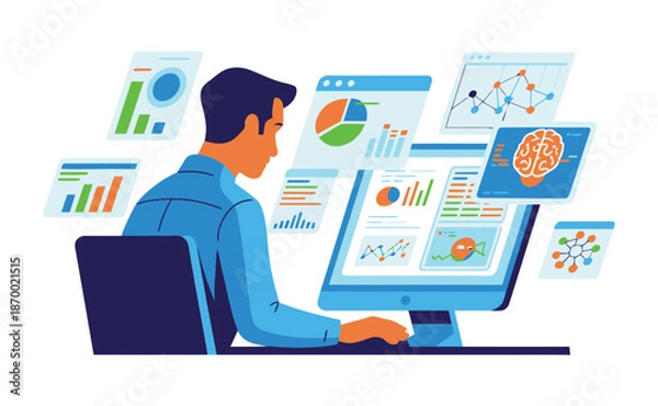 Obraz Analyst reviews complex data visualizations floating around a desktop.