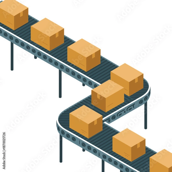 Obraz Cardboard shipping boxes move along a segmented industrial conveyor.
