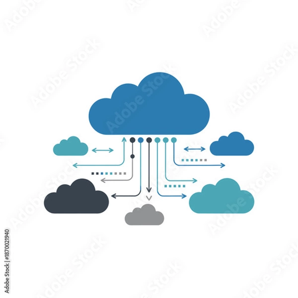Obraz Central cloud server connects multiple smaller data storage units.