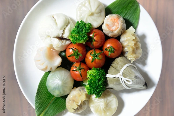 Obraz 飲茶とミニトマトを盛り付け俯瞰