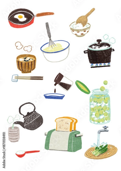 Fototapeta 動きのある手書き風のキッチン・料理道具と食材のイラストセット