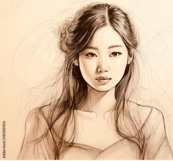 Fototapeta キャミソール姿の東洋人女性のラフスケッチ