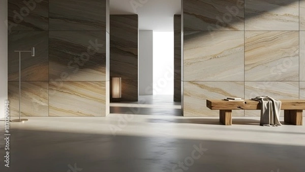 Obraz 高級感のある石壁のロビーと木製ベンチ