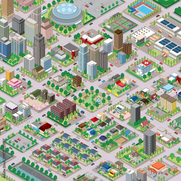 Obraz 街並みの立体図. 都市の景観. アイソメ図で描いた都市.