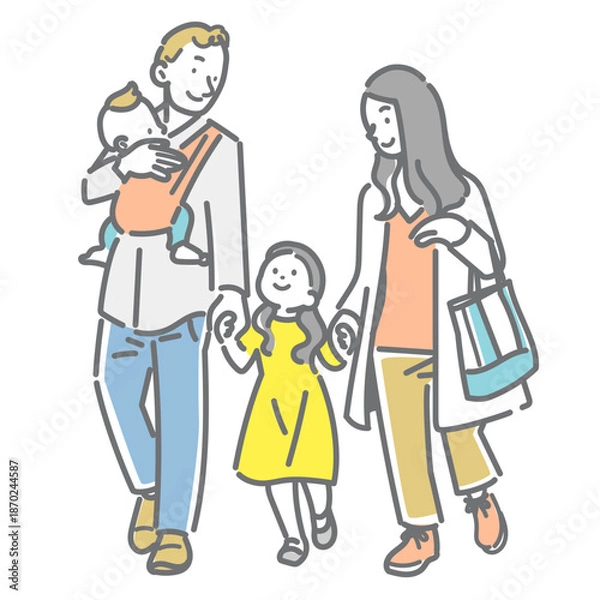 Obraz 春のお散歩を楽しむ若い家族　シンプルでお洒落な線画イラスト