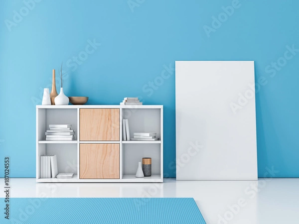 Fototapeta Large Poster canvas mockup on the floor in modern Room with blue wall and white wooden bookshelf