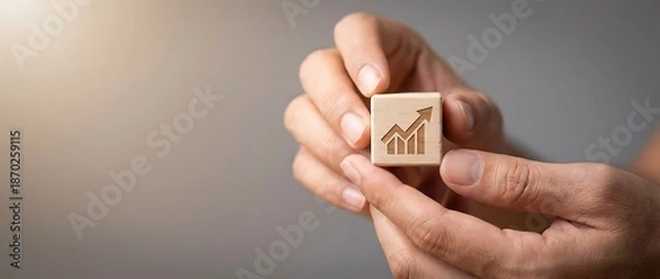 Obraz 未来志向の成長を示す木製キューブを扱う手元