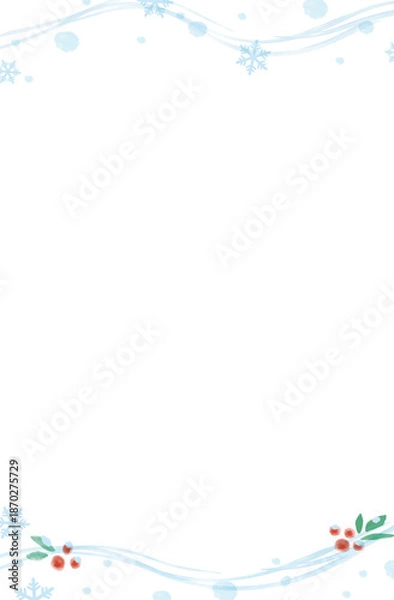 Obraz 冬の水彩フレーム（流れる雪と南天）_縦