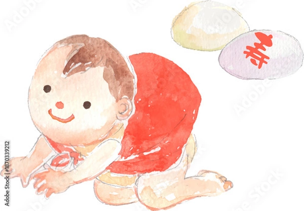 Fototapeta 一升餅を背負う赤ちゃんの水彩イラスト　ベクター