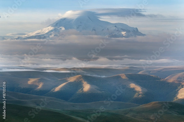 Fototapeta View of the summit of mount Elbrus with the edge of the plateau. Plateau Bermamyt. North Caucasus.