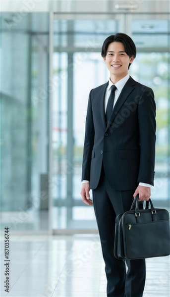 Obraz オフィスのロビーでビジネスバッグを持ち笑顔で立つ男性社員