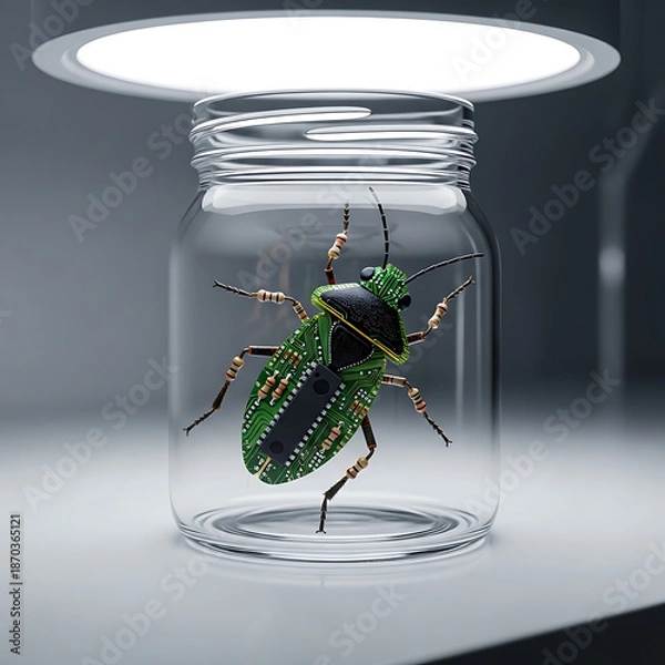 Obraz Cybersecurity Bug Insect in Glass Jar Concept