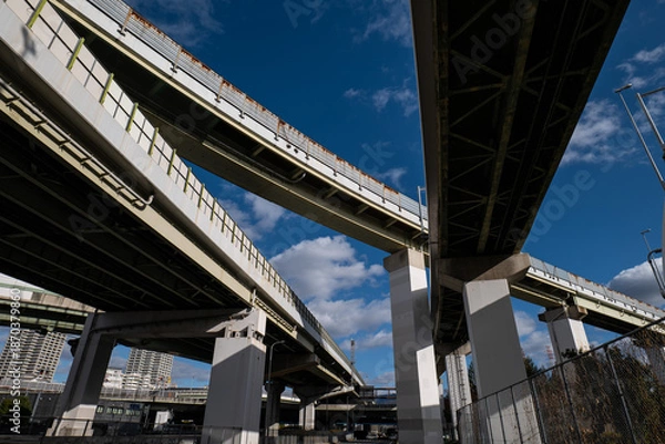 Obraz 大阪、橋、城市、山、道路、風光、交通、青空、雲