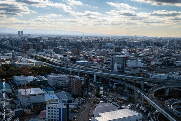 Obraz 大阪、橋、城市、山、道路、風光、交通、青空、雲