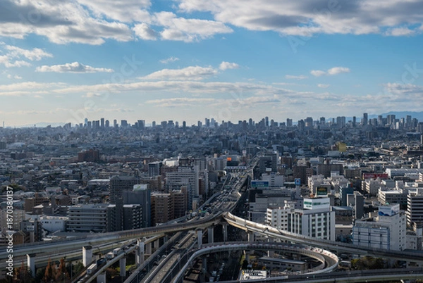 Obraz 大阪、橋、城市、山、道路、風光、交通、青空、雲