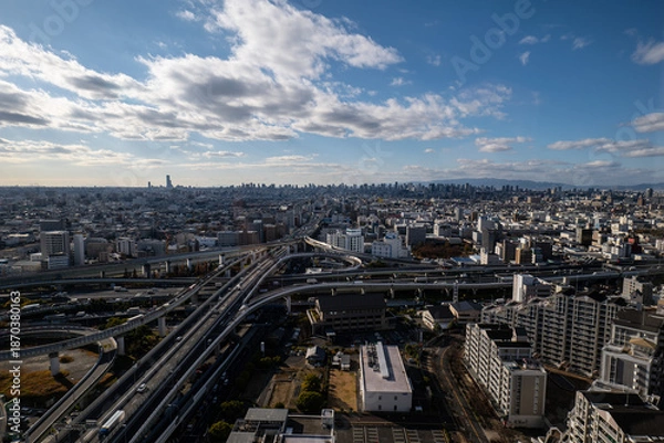 Obraz 大阪、橋、城市、山、道路、風光、交通、青空、雲