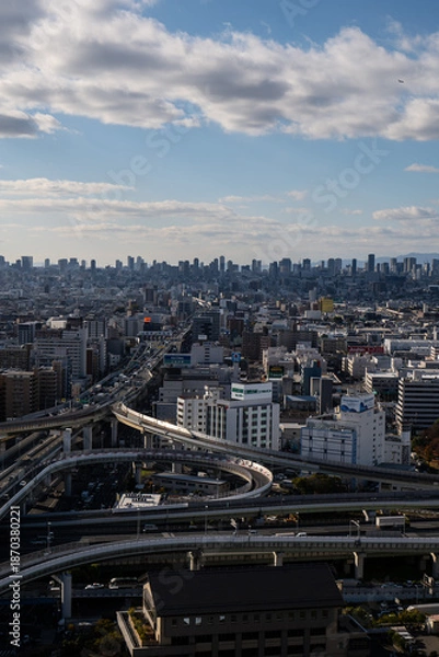 Obraz 大阪、橋、城市、山、道路、風光、交通、青空、雲