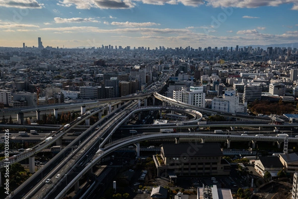 Obraz 大阪、橋、城市、山、道路、風光、交通、青空、雲