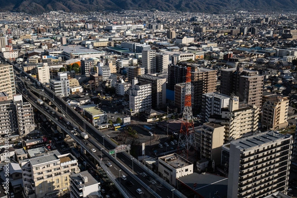 Obraz 大阪、橋、城市、山、道路、風光、交通、青空、雲