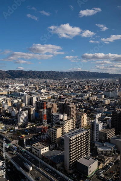 Obraz 大阪、橋、城市、山、道路、風光、交通、青空、雲