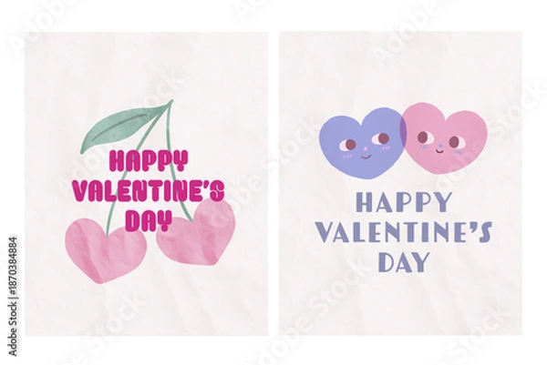 Obraz 手描きのハートのさくらんぼと落書きハートのおしゃれで面白いバレンタイン用イラスト