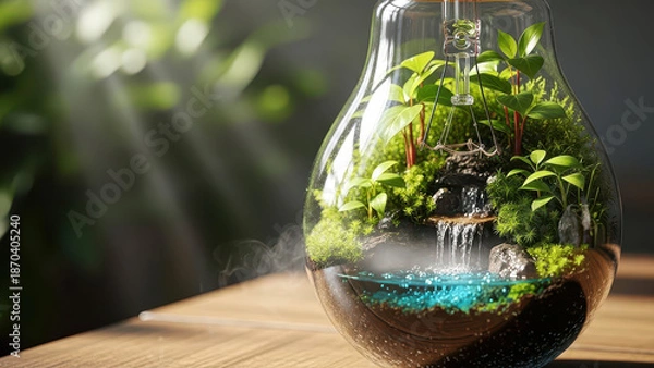 Obraz Tiny Ecosystem with Waterfall inside Glass Light Bulb