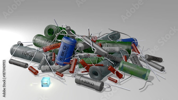 Obraz 1950年代から1970年代頃の日本製のラジオや測定器などに使用されていた多種多様の抵抗器コレクション