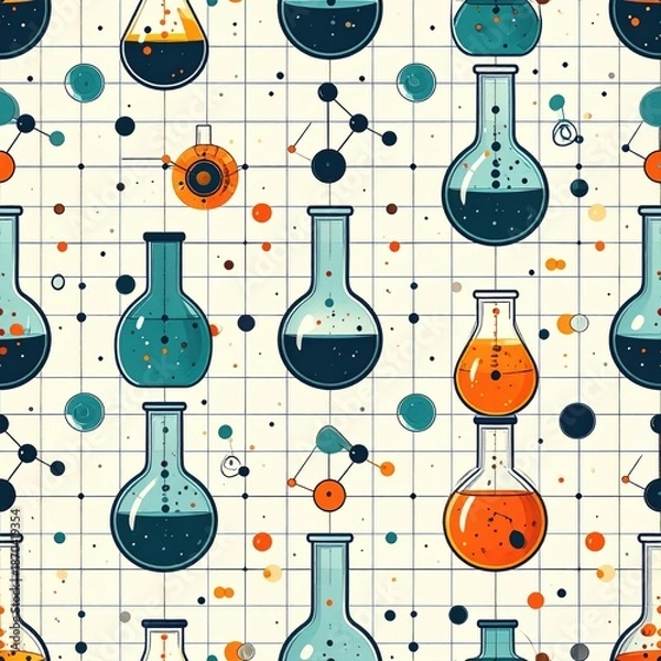 Obraz Science Lab Pattern: Seamless Background with Beakers, Flasks, and Chemical Structures