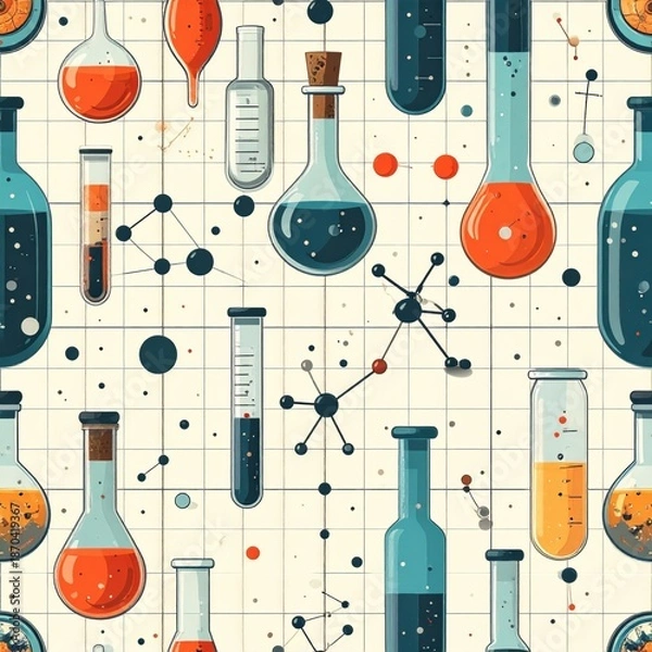 Obraz Science Lab Pattern: Seamless Background with Beakers, Flasks, and Chemical Structures