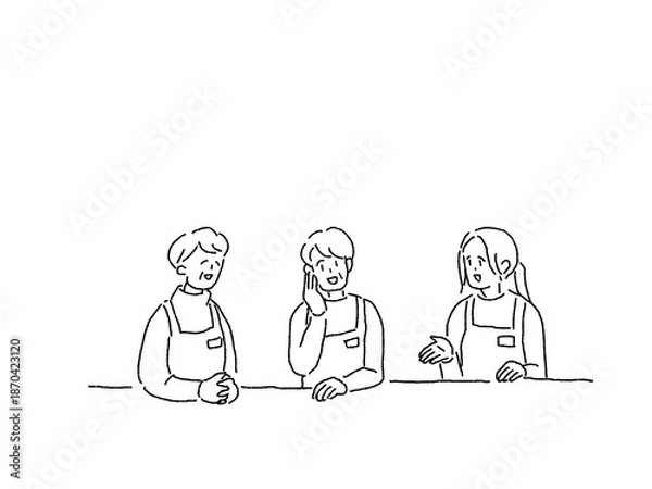 Obraz エプロンをつけて会話する三人の女性、線画