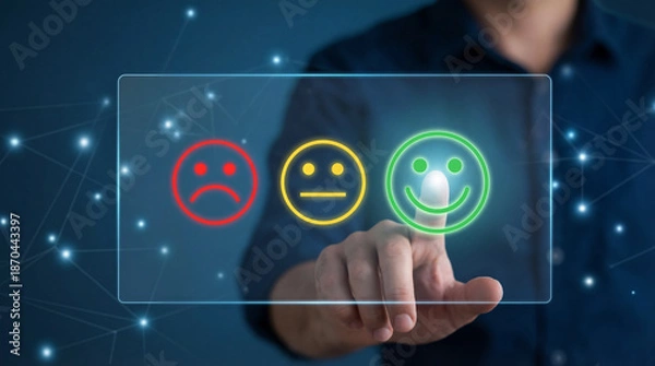 Obraz Man interacting with digital feedback interface with emoticons