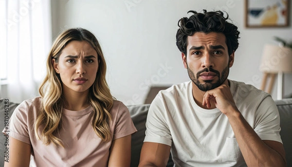 Obraz 困り顔の男女のカップル