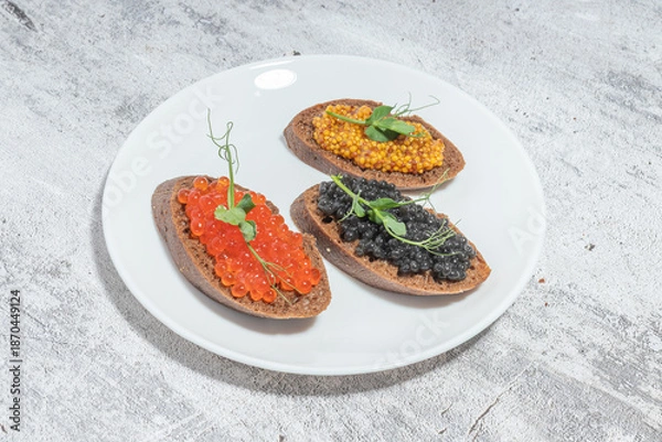 Obraz Assorted caviar toasts on a white plate with a rustic background